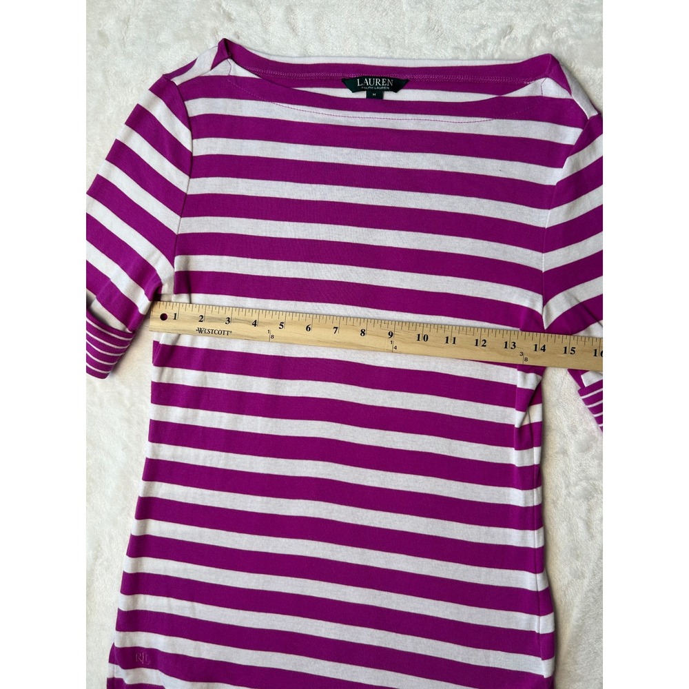 Lauren Ralph Lauren Magenta Pink White Striped Boat Neck Top Short Sleeve Medium - Picture 4 of 5